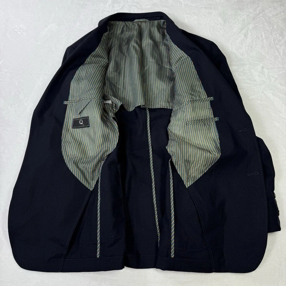 Q by Flynt Blazer Mens 44R Navy Journey 100% Wool Double Vented‎ Striped Lined